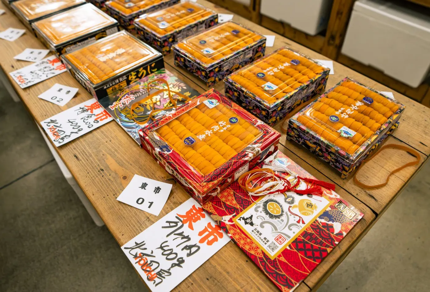 Uni boxes laid out for the morning auction